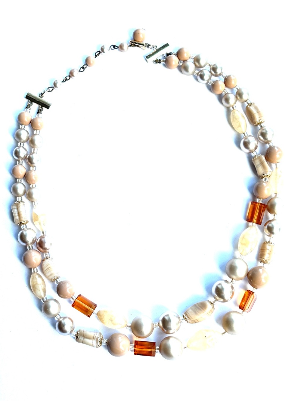 Vintage 1950s Japan Double Strand Glass Beaded Necklace Faux Pearl Cream Amber